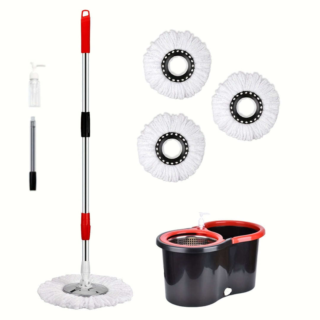 Skanto | Spin-mopp og bøtte sett med presse – 360° roterende mopp-system, inkluderer 3 mikrofiber-mopp hoder og 61" justerbart rustfritt stål håndtak – Ideell for gulvrengjøring i bad og skoler