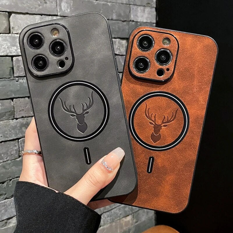 Skanto | Luxury Deer Leather Apple iPhone Case | Magnetisk telefonveske, trådløs veske, MagSafe, trådløs lading, beskyttelsesveske, deksel for iPhone 15, 14, 13 Pro Max Plus