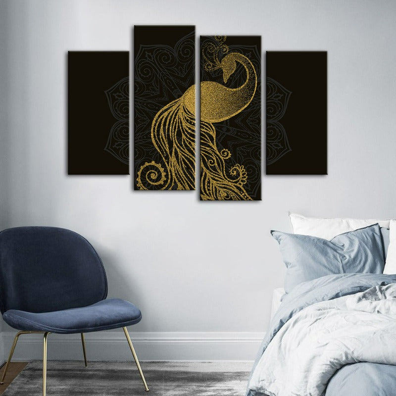Abstract Golden Peacock Mandala Canvas Wall Art Painting 4 Pieces | Skanto