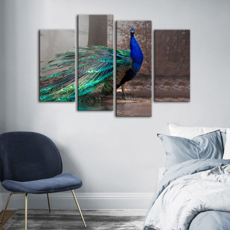 4-Piece Vibrant Peacock by the Pond - Canvas Wall Art Painting | Skanto