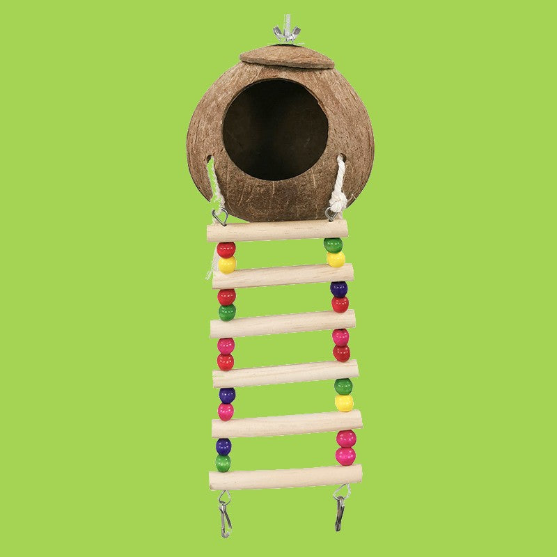 Skanto | Kokosnøttskall Fuglerede med Tretrapper, for Papegøye, Undulat, Parakitt, Kanarifugl, Fink, Hamster, Rotte