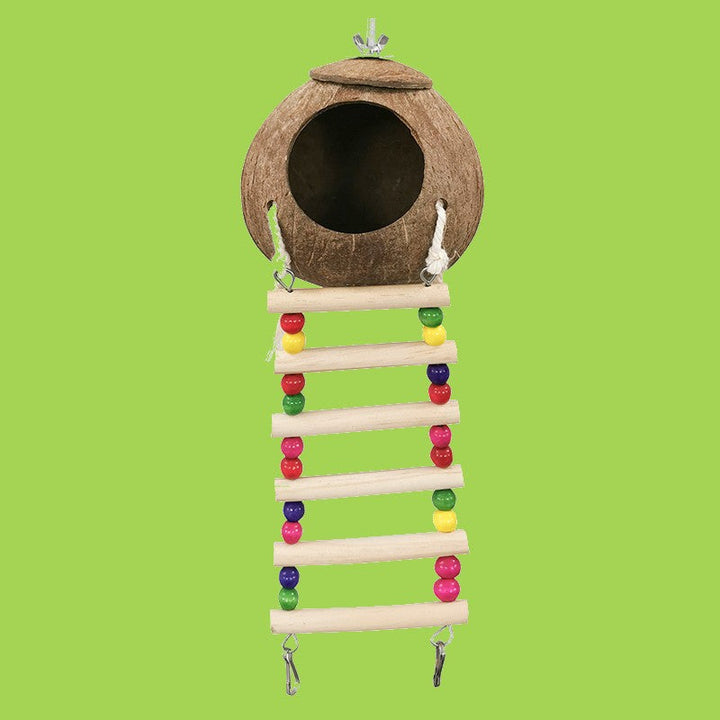 Skanto | Kokosnøttskall Fuglerede med Tretrapper, for Papegøye, Undulat, Parakitt, Kanarifugl, Fink, Hamster, Rotte