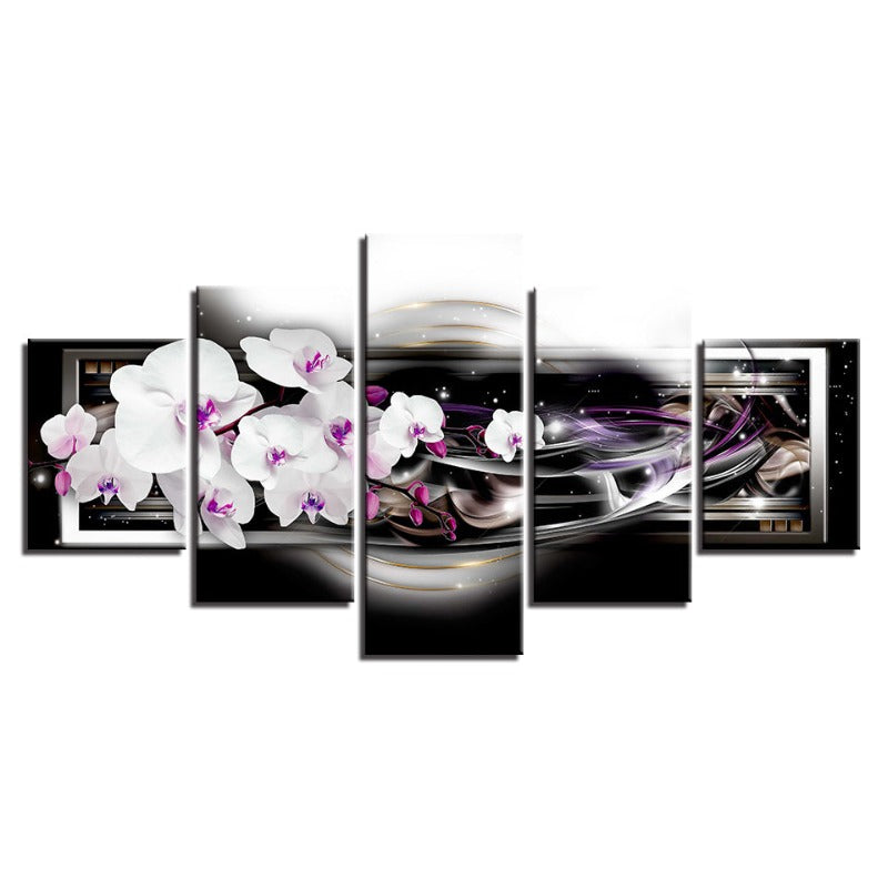 5 Styk Svart Bakgrunn Lilla Fargetone Hvit Blomst - Lerret Veggkunst Maleri | Skanto