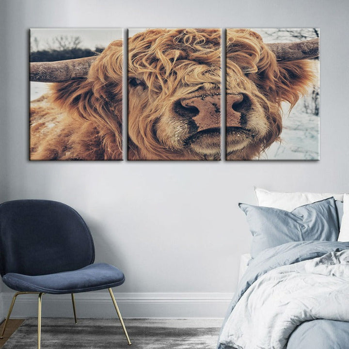 Close Up Brun Kuh-Canvas Veggkunst Maleri 3 Stykker | Skanto