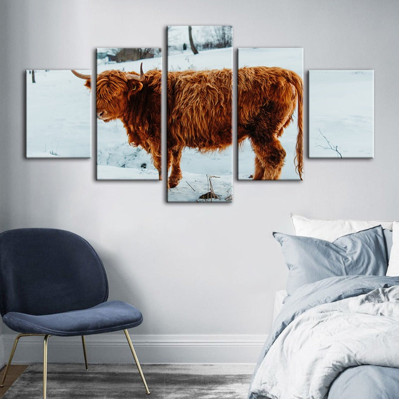 5-delt Curly Haired Cow - Lerret Veggkunst Maleri | Skanto