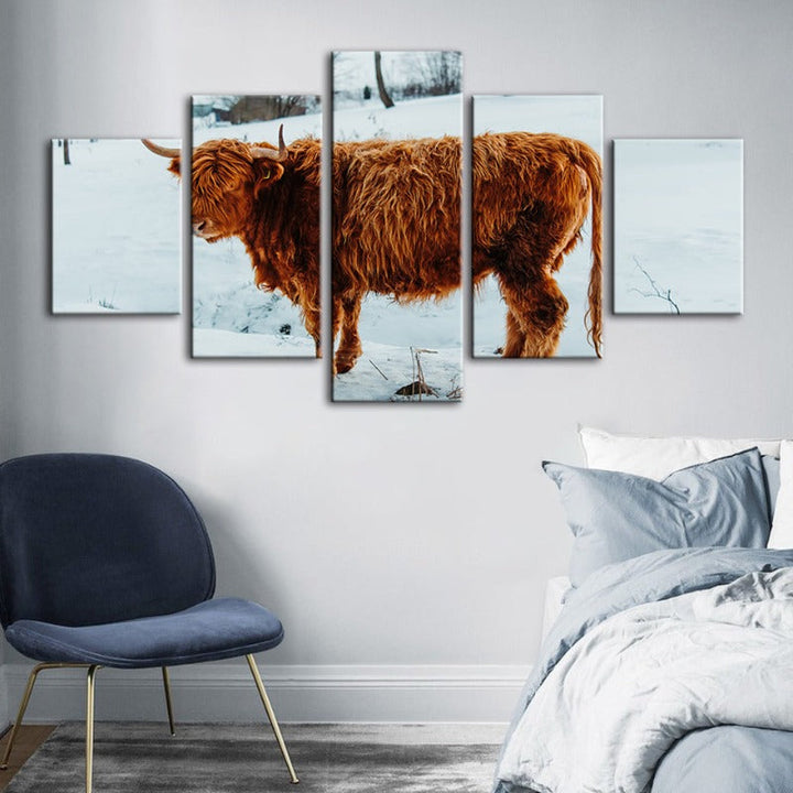 5-delt Curly Haired Cow - Lerret Veggkunst Maleri | Skanto