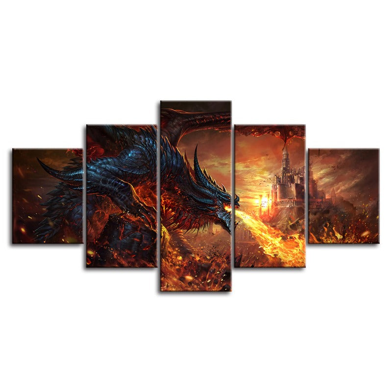 Dragon og slott - 5 deler lerret veggkunst maleri