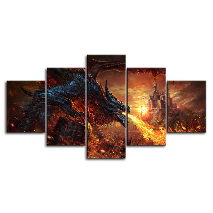 Dragon og slott - 5 deler lerret veggkunst maleri