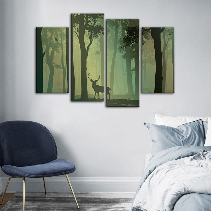 4-Piece Enchanted Green Silhouette Deer - Canvas Wall Art Painting | Skanto