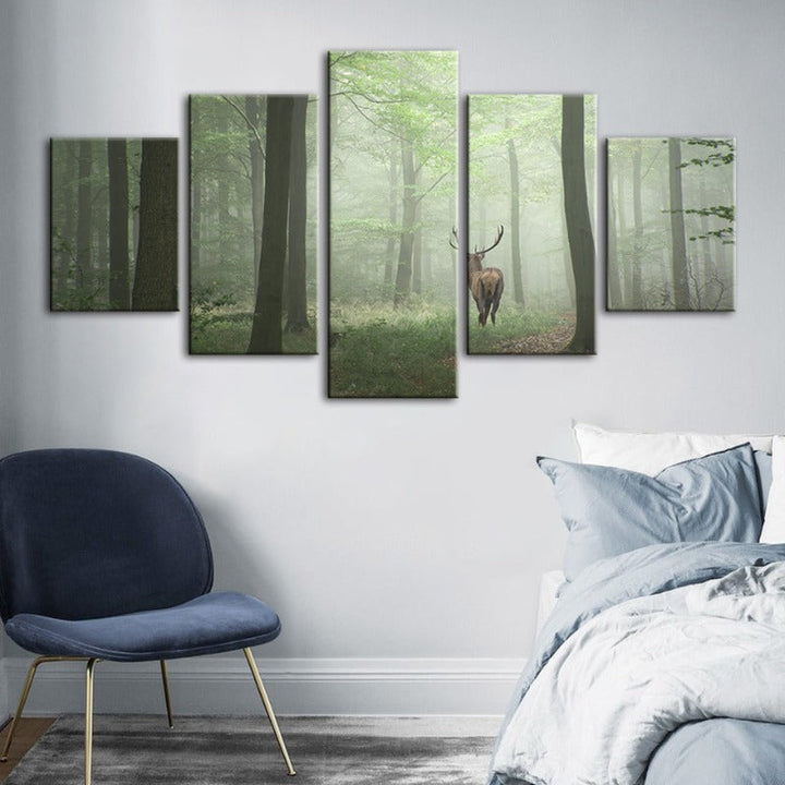 5 Styk Tåke Mystiske Hjort I Skogen - Lerret Veggkunst Maleri | Skanto