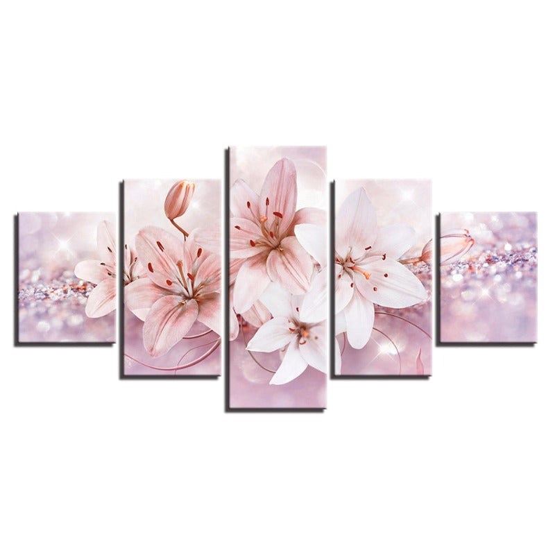 5-delt Rød- og Hvit Ombre Blomster - Lerret Veggkunst Maleri | Skanto