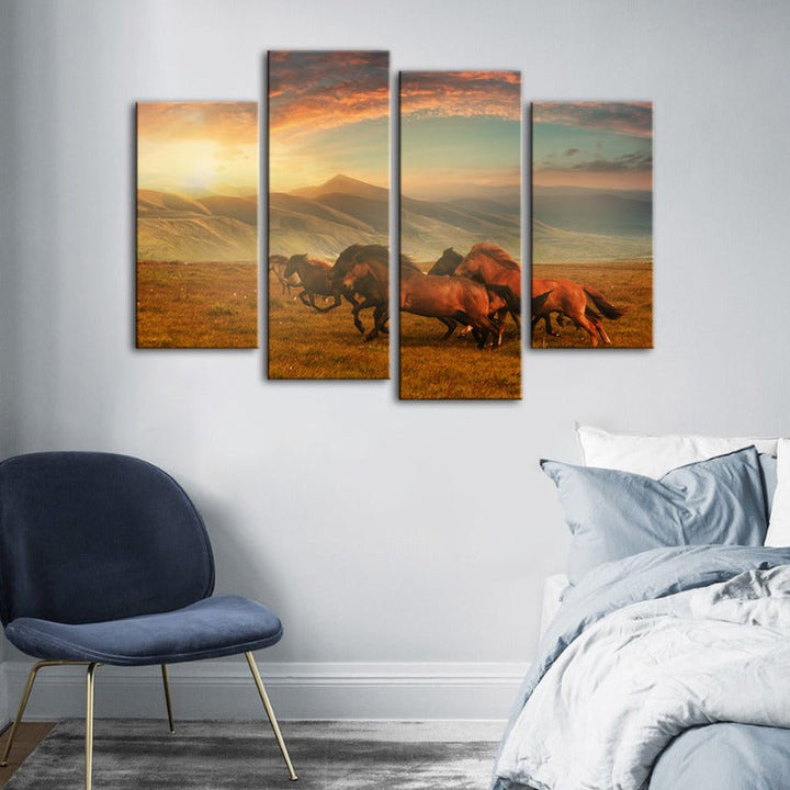 4 Pcs Running Horses with Beautiful Landscape - Canvas Wall Art Painting | Skanto