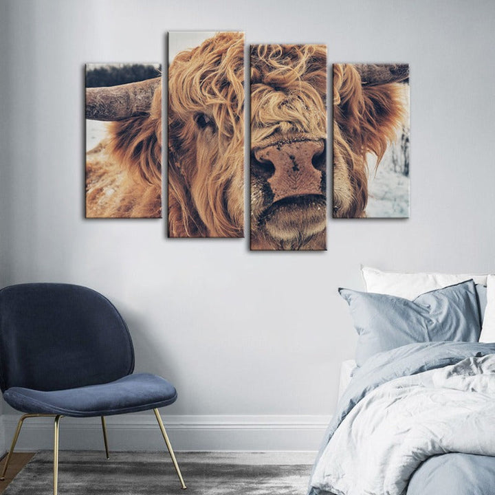 4 Piece Close Up Brown Cow - Canvas Wall Art Painting | Skanto