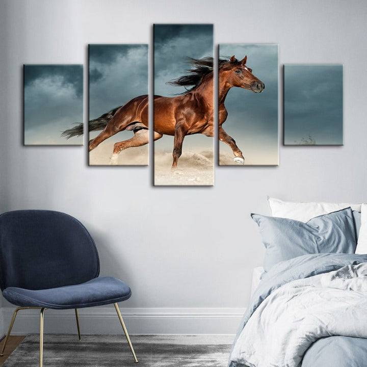 5 Stykke Brunt Hest i Ørkenen - Lerret Veggkunst Maleri | Skanto