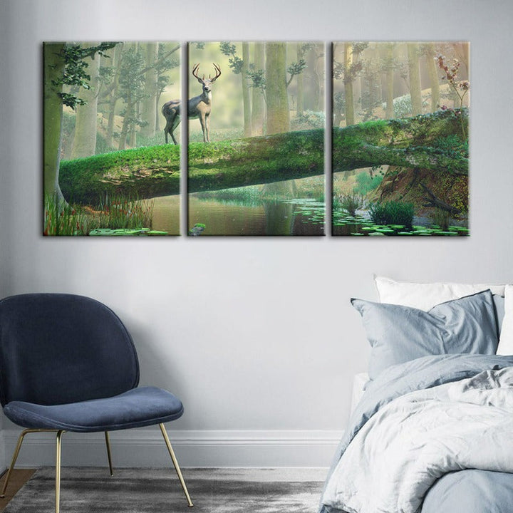 Fortryllende Skog Hjort-Canvas Veggkunst Maleri 3 Deler