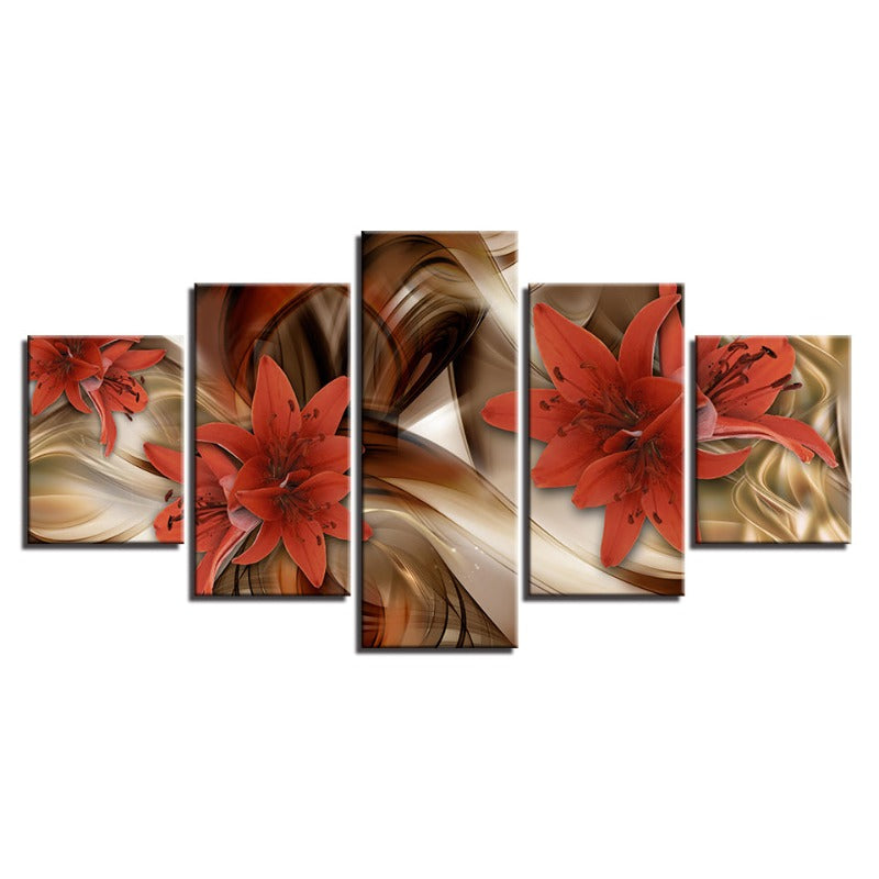 5-Piece Gold Background Red Flower - Canvas Wall Art Painting | Skanto