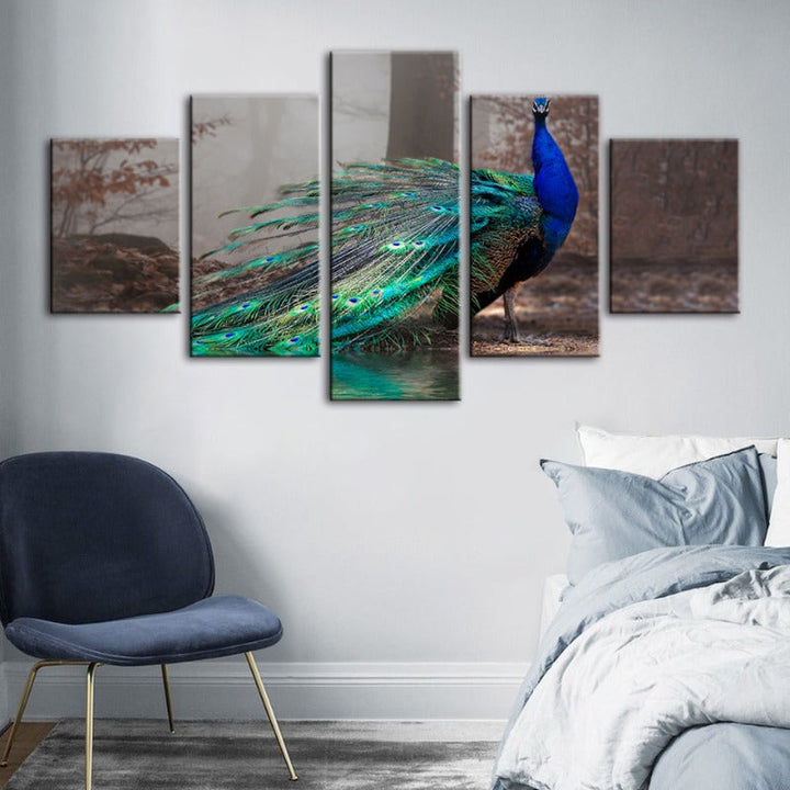 5 Piece Vibrant Peacock by the Pond - Canvas Wall Art Painting | Skanto