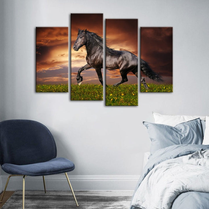 4 Piece Running Black Horse Canvas Wall Art Painting | Skanto