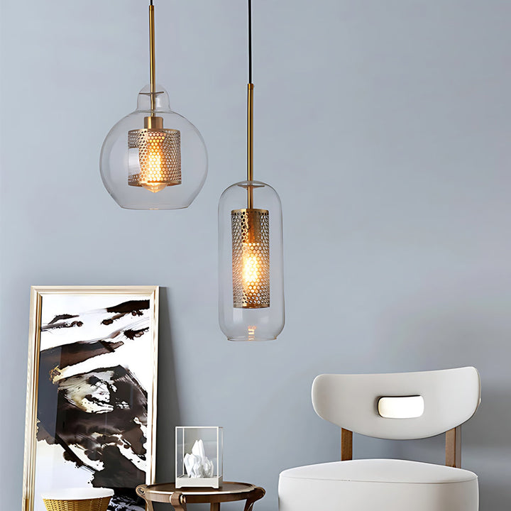 Vintage industriell pendellampe med rund glass og gull – LED pendellampe for spisestue og stue | Skanto