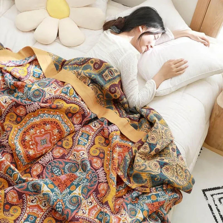 Sunrise Boho Vendbar Teppe, 100% Bomull Kjølende Quilt | Skanto