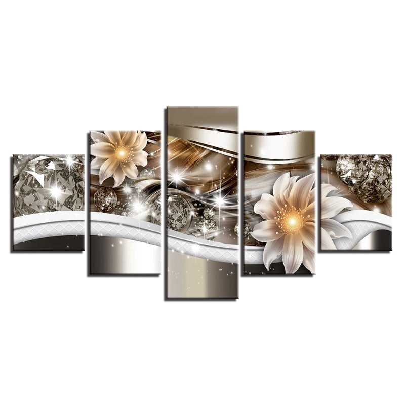 5-delt Golden Glow Hue Hvite Blomst - Lærret Veggkunst Maleri | Skanto
