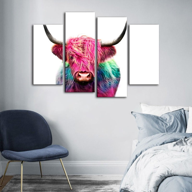 4-Piece Colorful Pink Cow Canvas Wall Art Painting | Skanto