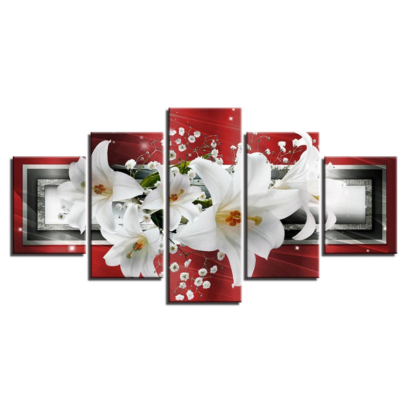 5 Pcs Red Background White Tulip Flowers - Canvas Wall Art Painting | Skanto
