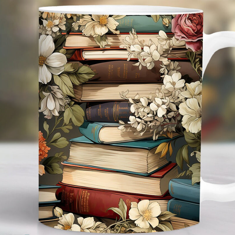 3D Kunstnerisk Vakker Floral Bøker Kaffe Krus - Bokelsker Gave | Skanto