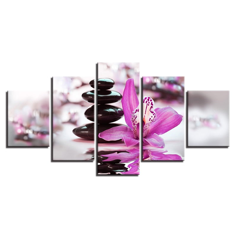 5 Pcs Black Stones with Purple Flower - Canvas Wall Art Painting | Skanto