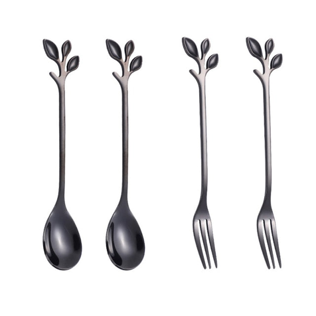 4pcs Kreativ Grenn Blader Skje Gaffel Rør Skje Frukt Servise | Skanto