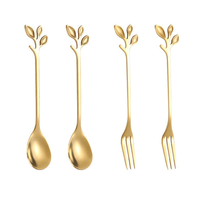 4pcs Kreativ Grenn Blader Skje Gaffel Rør Skje Frukt Servise | Skanto