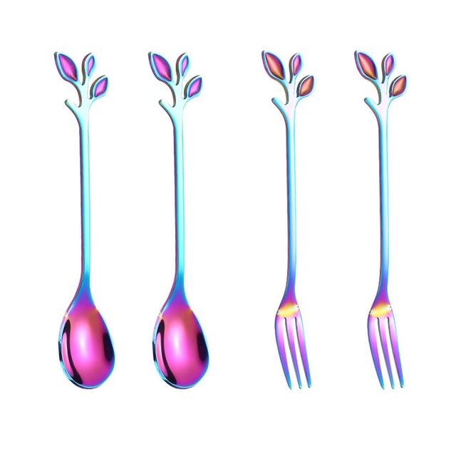 4pcs Kreativ Grenn Blader Skje Gaffel Rør Skje Frukt Servise | Skanto