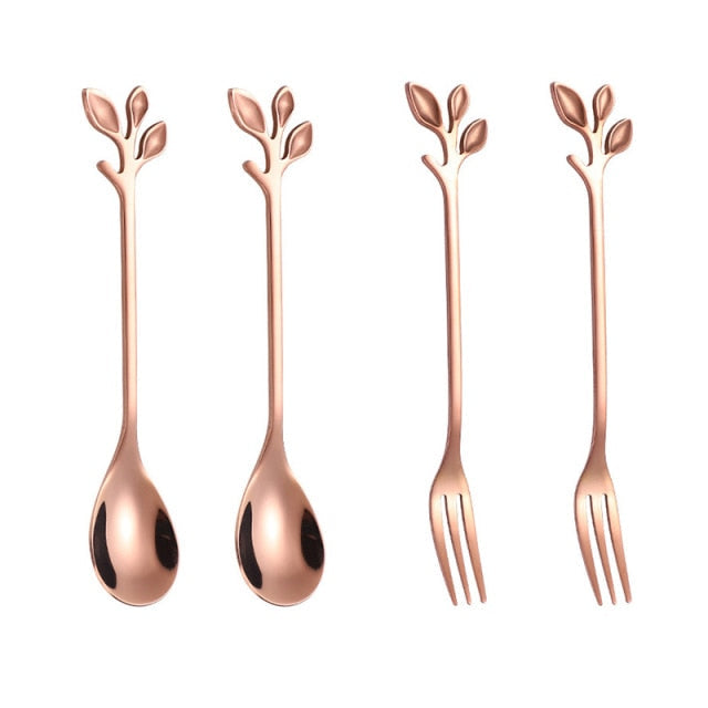 4pcs Kreativ Grenn Blader Skje Gaffel Rør Skje Frukt Servise | Skanto