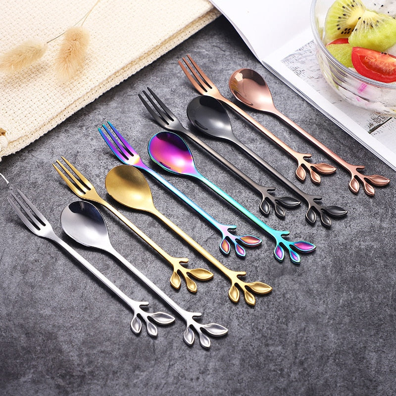4pcs Kreativ Grenn Blader Skje Gaffel Rør Skje Frukt Servise | Skanto