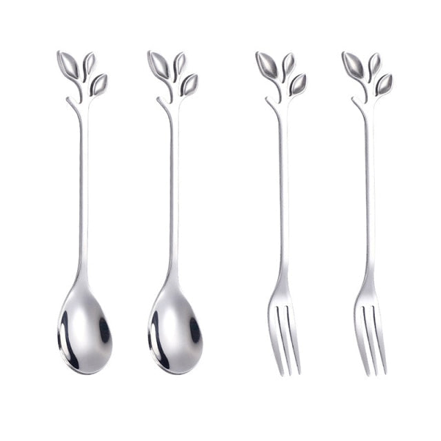 4pcs Kreativ Grenn Blader Skje Gaffel Rør Skje Frukt Servise | Skanto