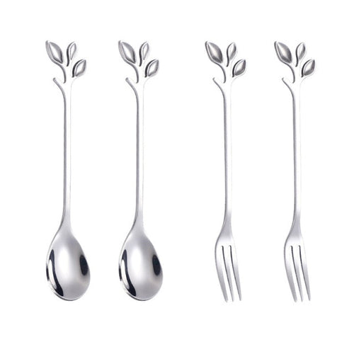 4pcs Kreativ Grenn Blader Skje Gaffel Rør Skje Frukt Servise | Skanto