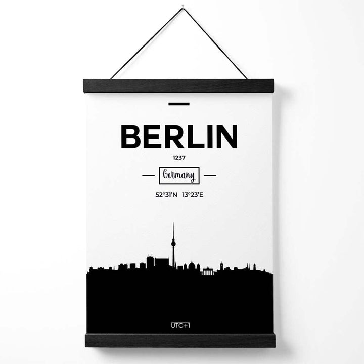 Berlins skylineplakat (svart-hvitt) med oppheng