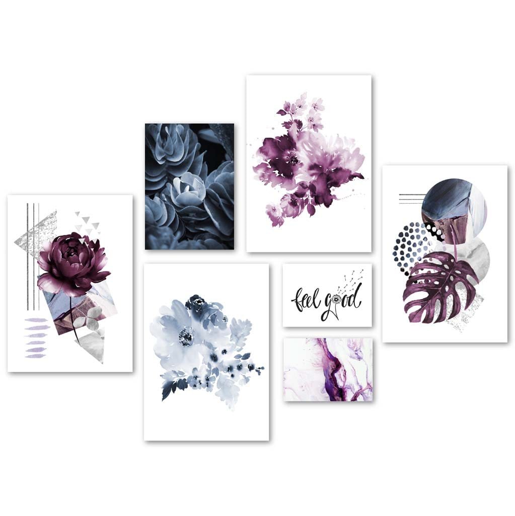 Abstrakt bildevegg laget av lilla og blå blomster