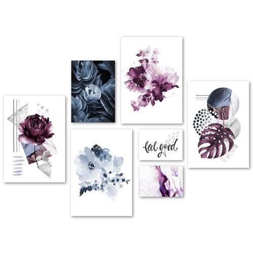 Abstrakt bildevegg laget av lilla og blå blomster