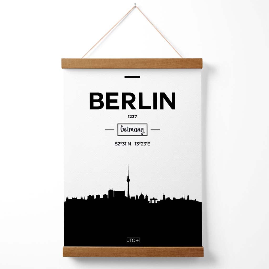 Berlins skylineplakat (svart-hvitt) med oppheng