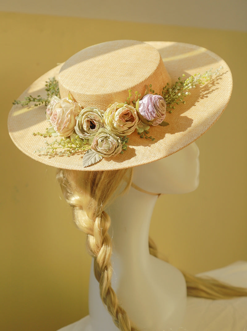 Skanto | Håndlaget fransk hatt, retro og elegant hul blomst skogstil flat hatt