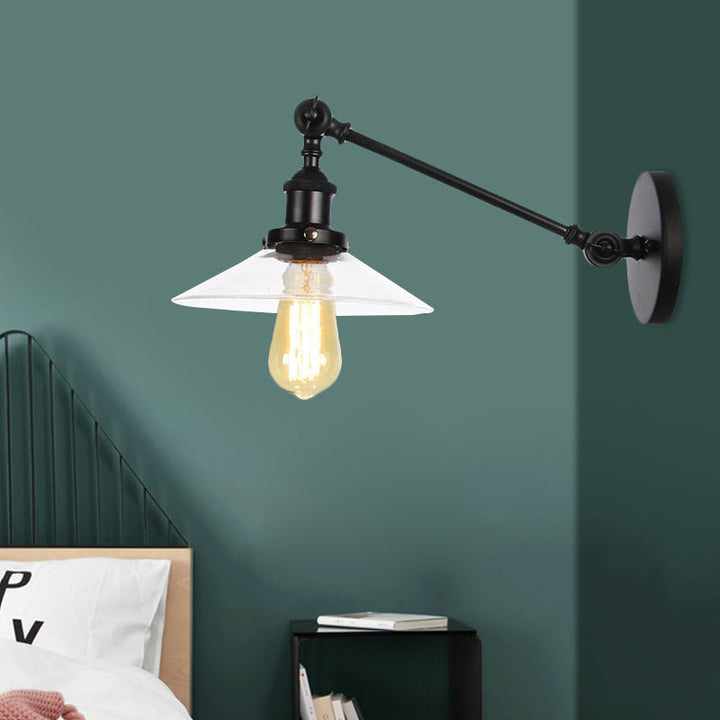 Innendørs vegglampe med 1 lys, vintage, svart/messing/bronse, lysarmatur med konisk, gjennomsiktig glassskjerm, 8"/12" L-arm