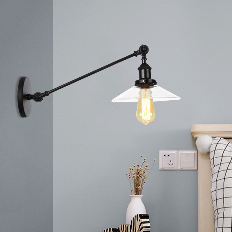 Innendørs vegglampe med 1 lys, vintage, svart/messing/bronse, lysarmatur med konisk, gjennomsiktig glassskjerm, 8"/12" L-arm