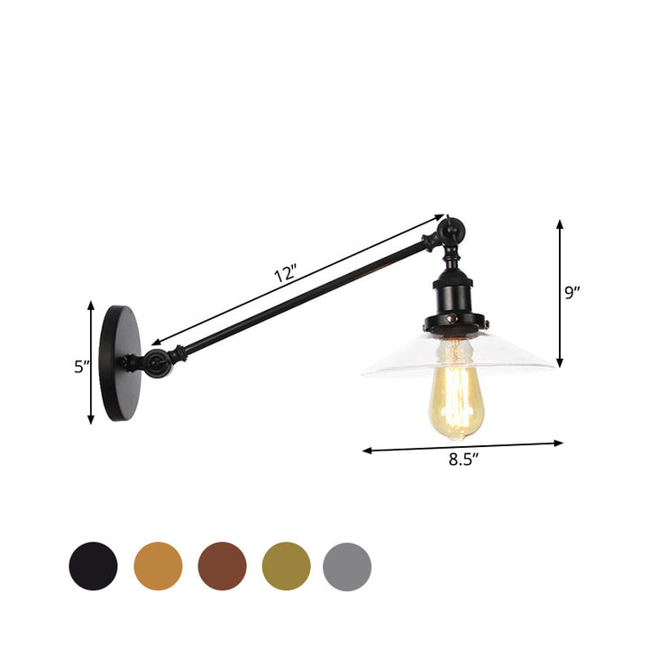 Innendørs vegglampe med 1 lys, vintage, svart/messing/bronse, lysarmatur med konisk, gjennomsiktig glassskjerm, 8"/12" L-arm