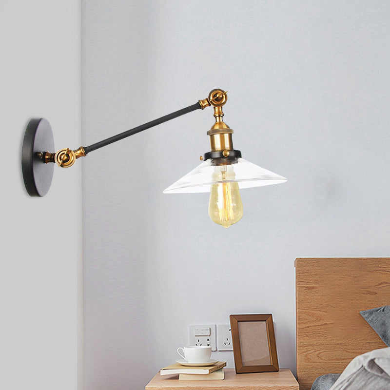 Innendørs vegglampe med 1 lys, vintage, svart/messing/bronse, lysarmatur med konisk, gjennomsiktig glassskjerm, 8"/12" L-arm