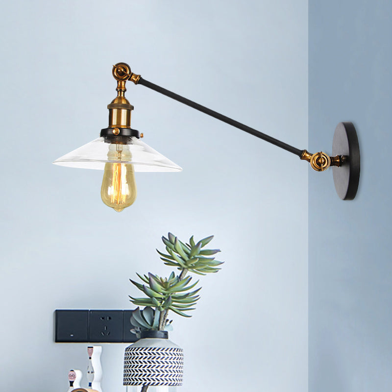 Innendørs vegglampe med 1 lys, vintage, svart/messing/bronse, lysarmatur med konisk, gjennomsiktig glassskjerm, 8"/12" L-arm