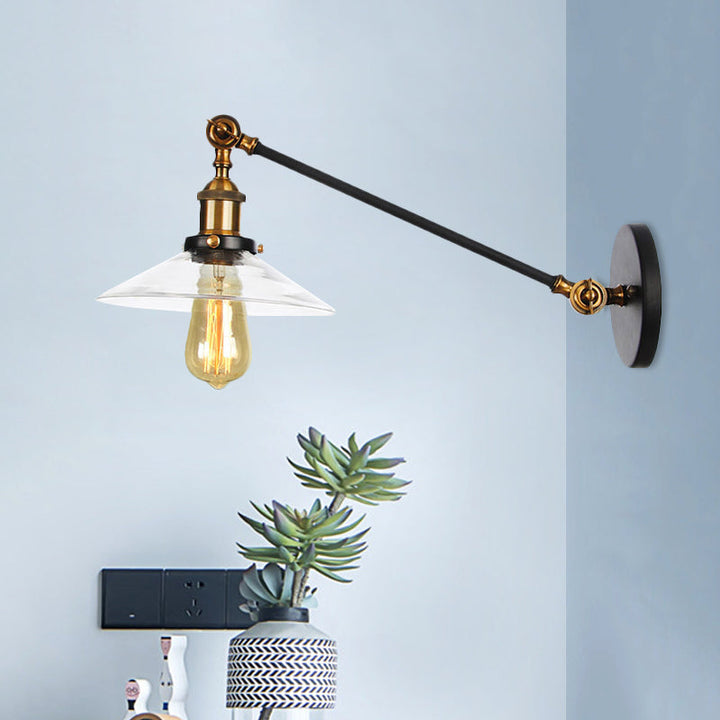 Innendørs vegglampe med 1 lys, vintage, svart/messing/bronse, lysarmatur med konisk, gjennomsiktig glassskjerm, 8"/12" L-arm