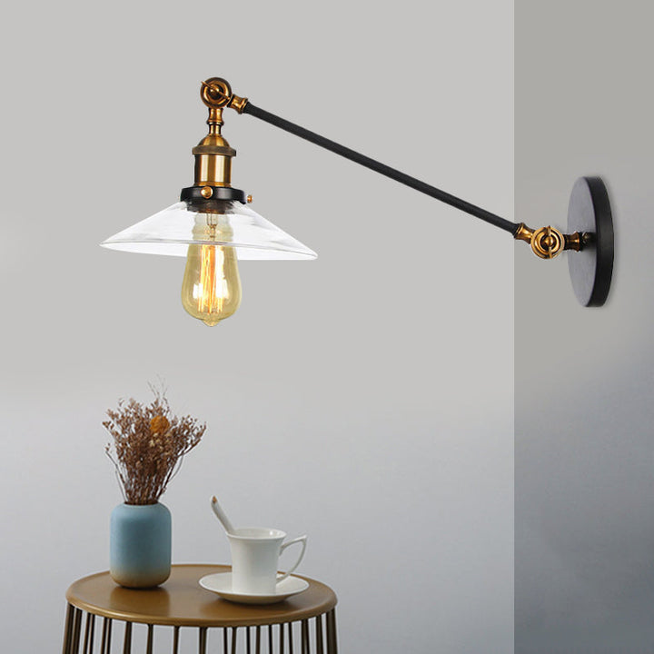 Innendørs vegglampe med 1 lys, vintage, svart/messing/bronse, lysarmatur med konisk, gjennomsiktig glassskjerm, 8"/12" L-arm