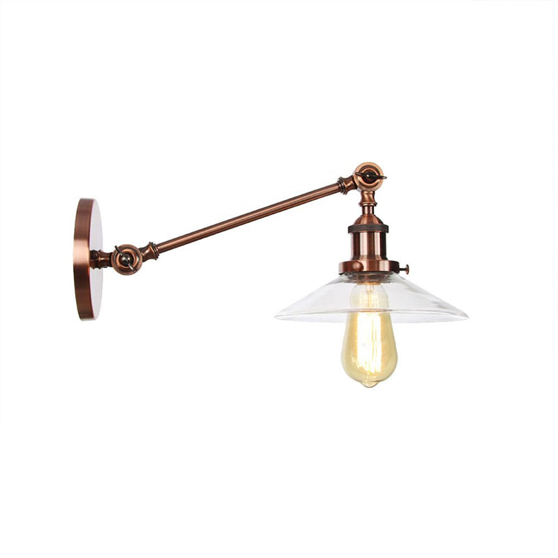 Innendørs vegglampe med 1 lys, vintage, svart/messing/bronse, lysarmatur med konisk, gjennomsiktig glassskjerm, 8"/12" L-arm