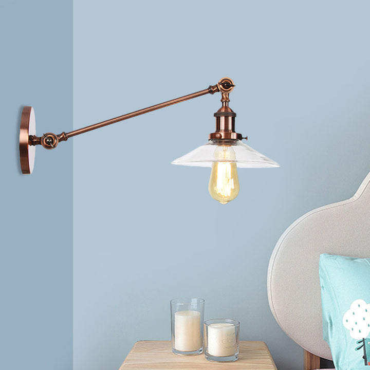 Innendørs vegglampe med 1 lys, vintage, svart/messing/bronse, lysarmatur med konisk, gjennomsiktig glassskjerm, 8"/12" L-arm